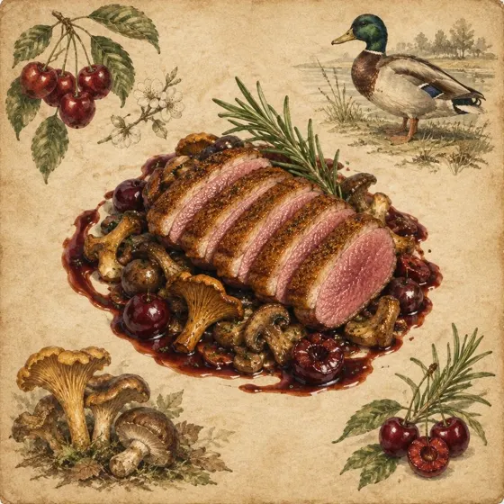 Seared duck breast with cherry reduction field plate