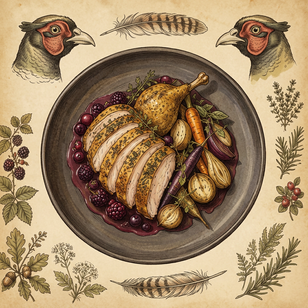 Roasted pheasant with wild berry jus field plate