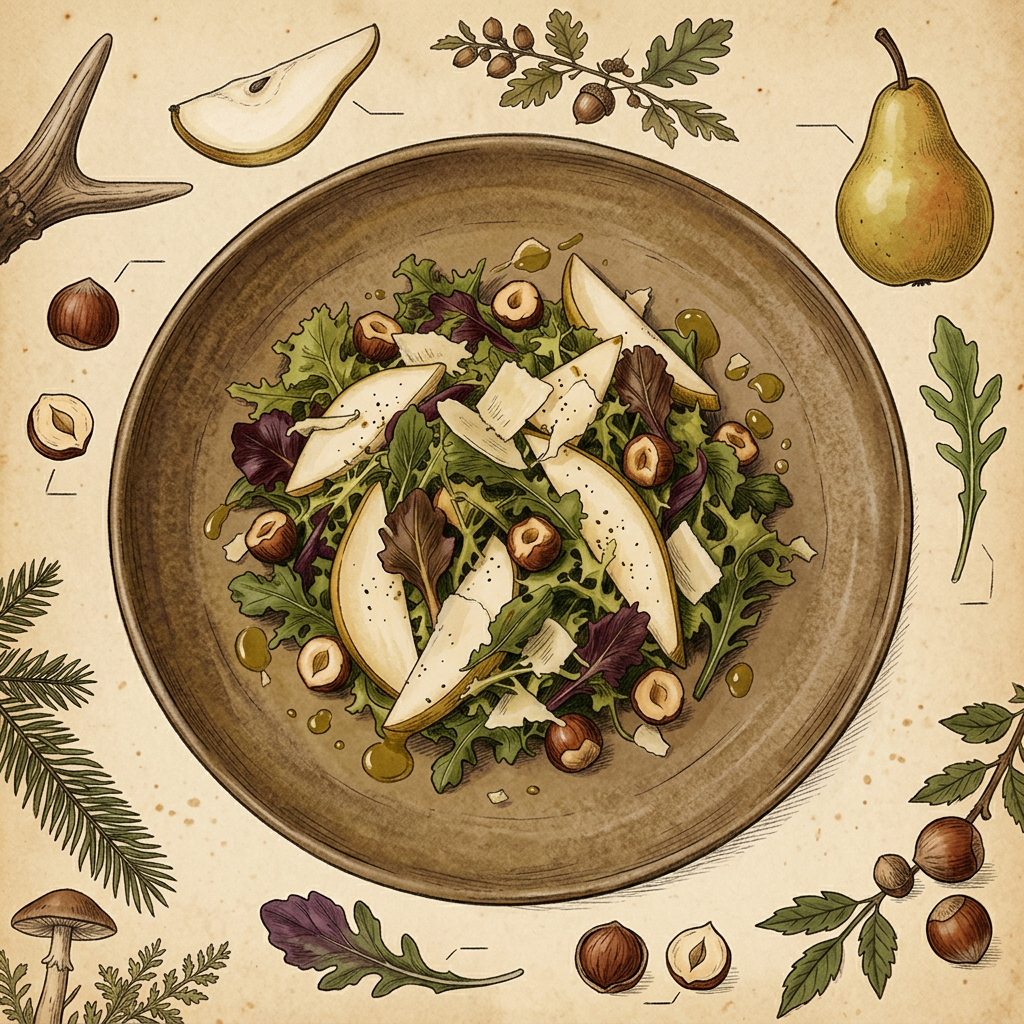 Woodland pear and hazelnut salad field plate