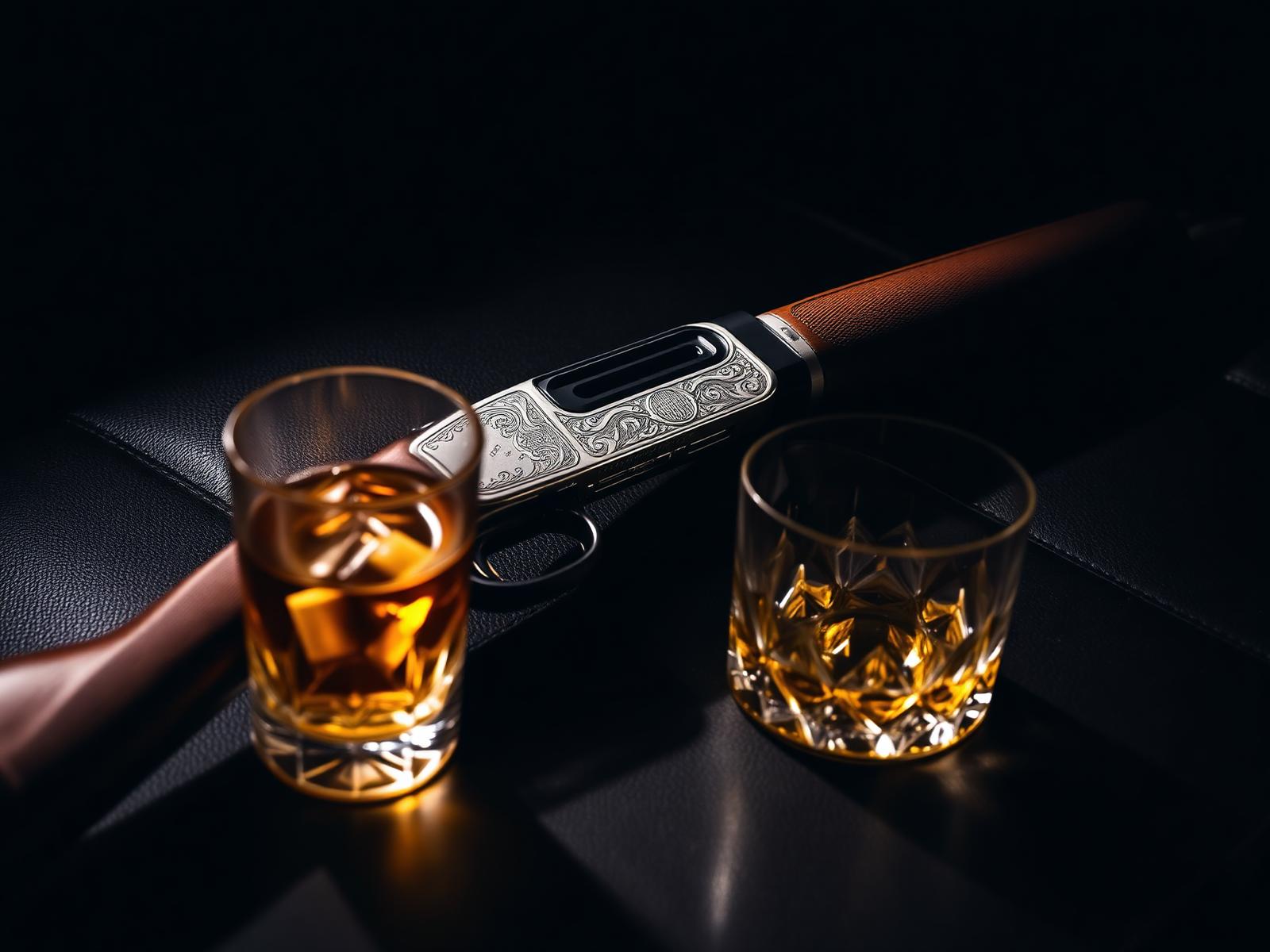 Engraved shotgun and aged scotch