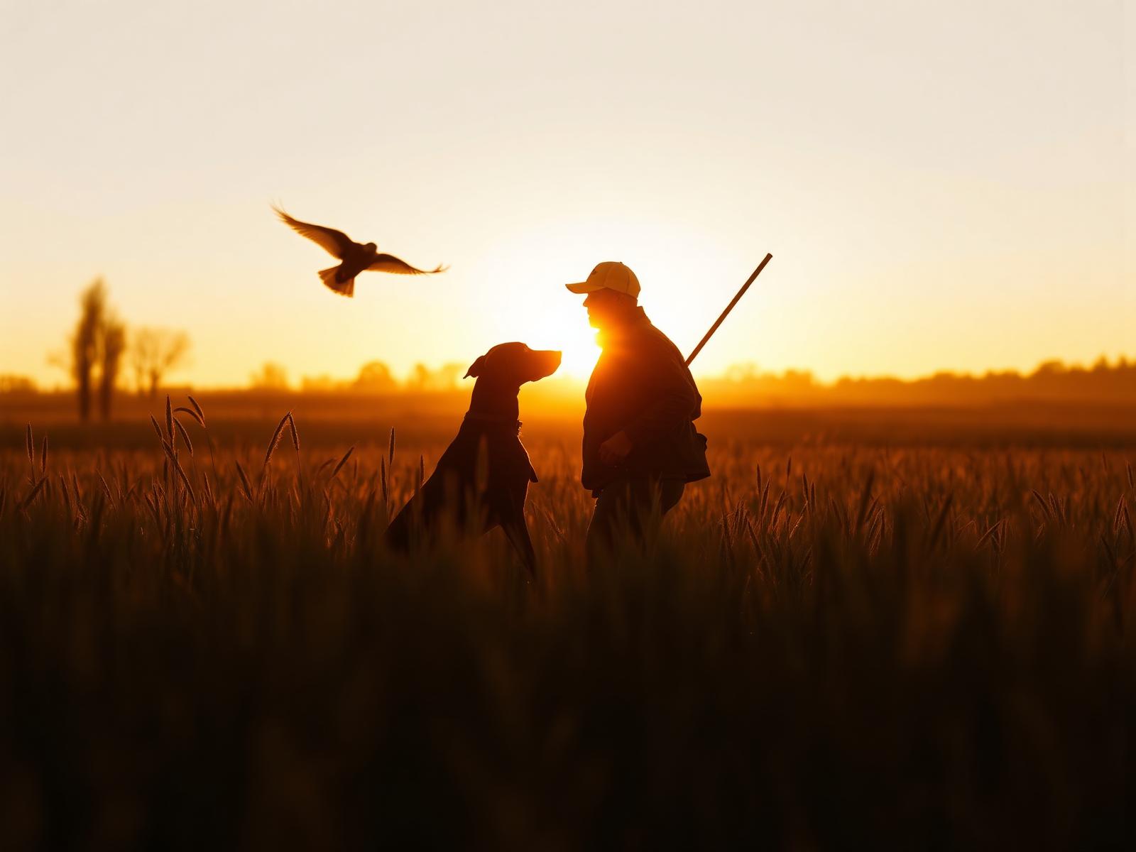 Hunter and pointer at daybreak
